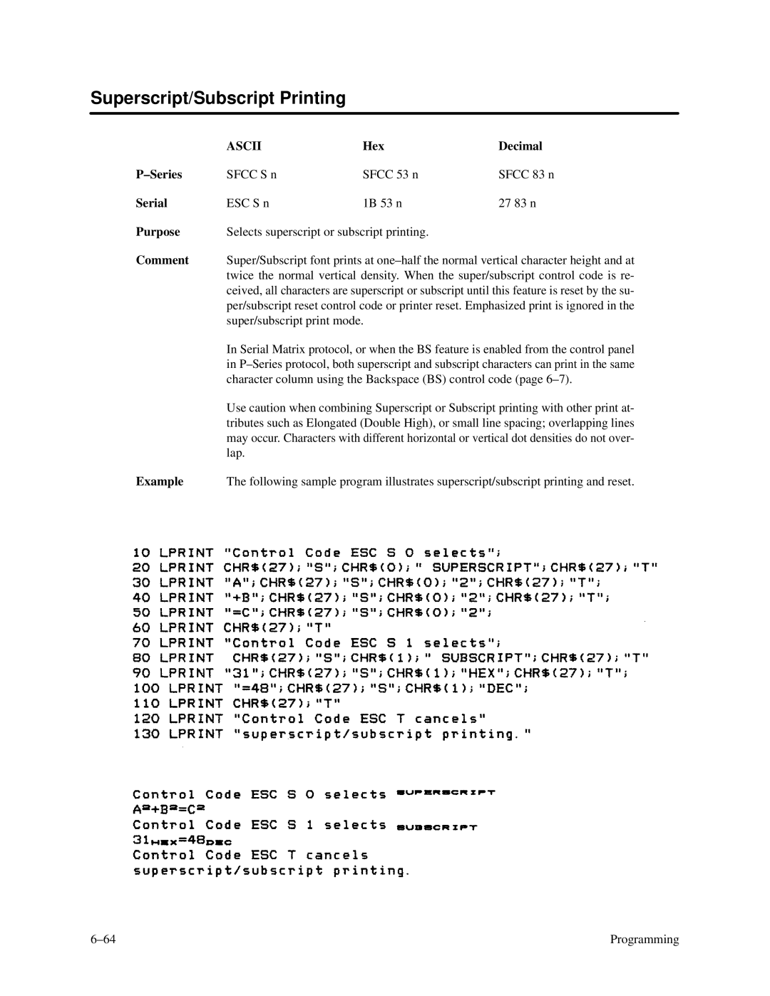 Printronix P3000 Series manual Superscript/Subscript Printing, Character column using the Backspace BS control code 