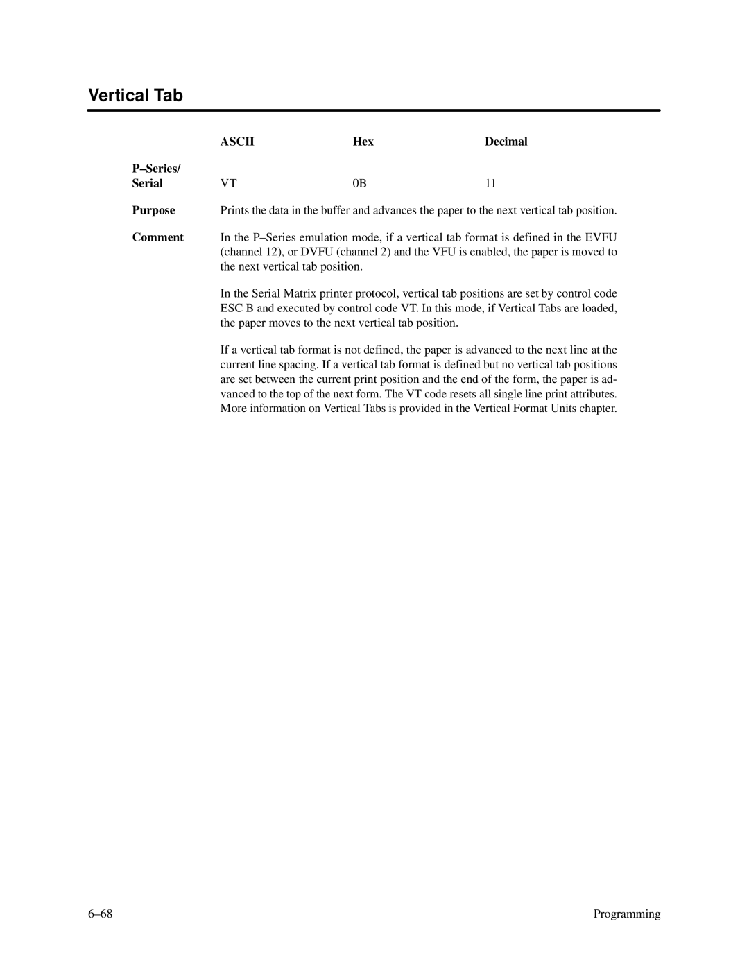 Printronix P3000 Series manual Vertical Tab, Hex Decimal Series Serial Purpose 