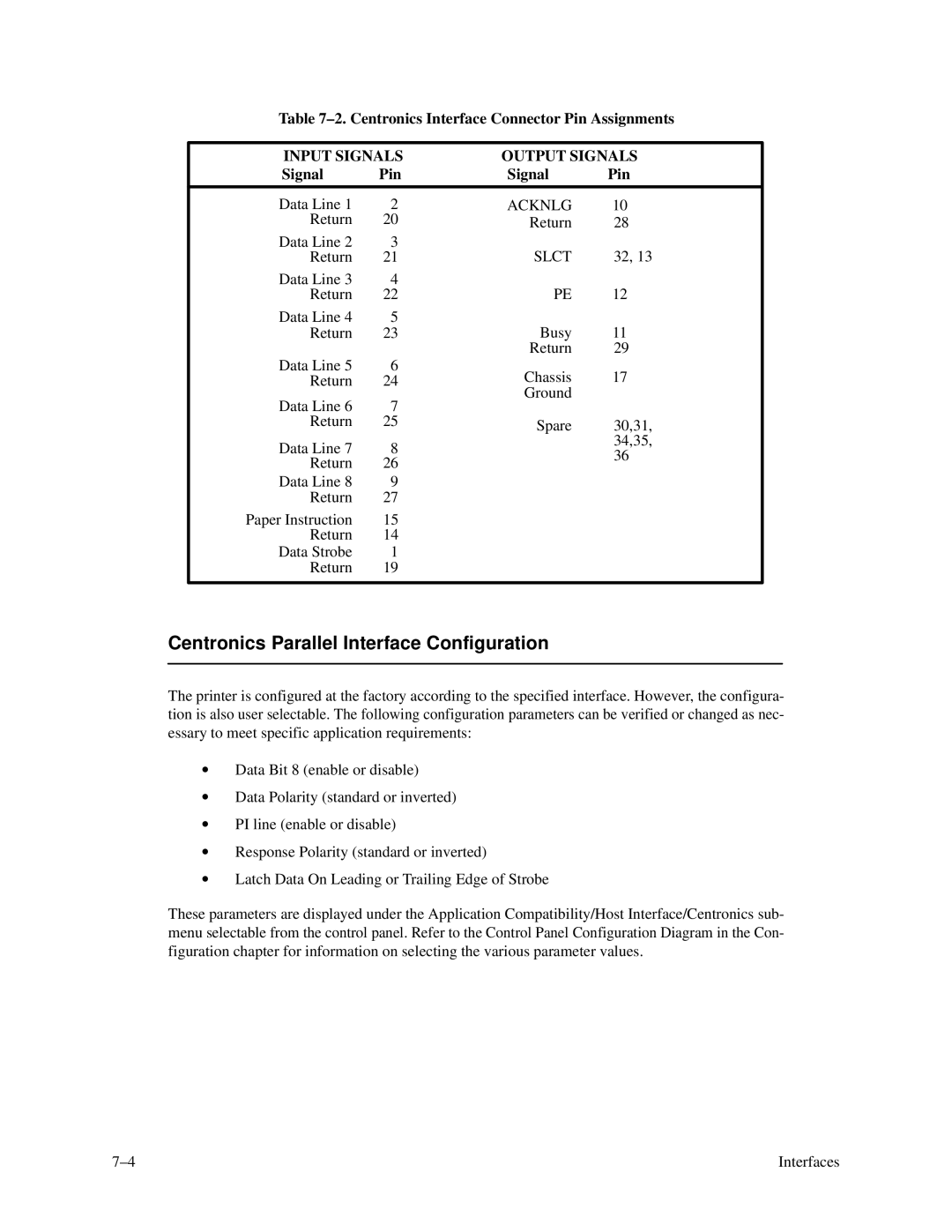 Printronix P3000 Series manual Centronics Parallel Interface Configuration, Centronics Interface Connector Pin Assignments 