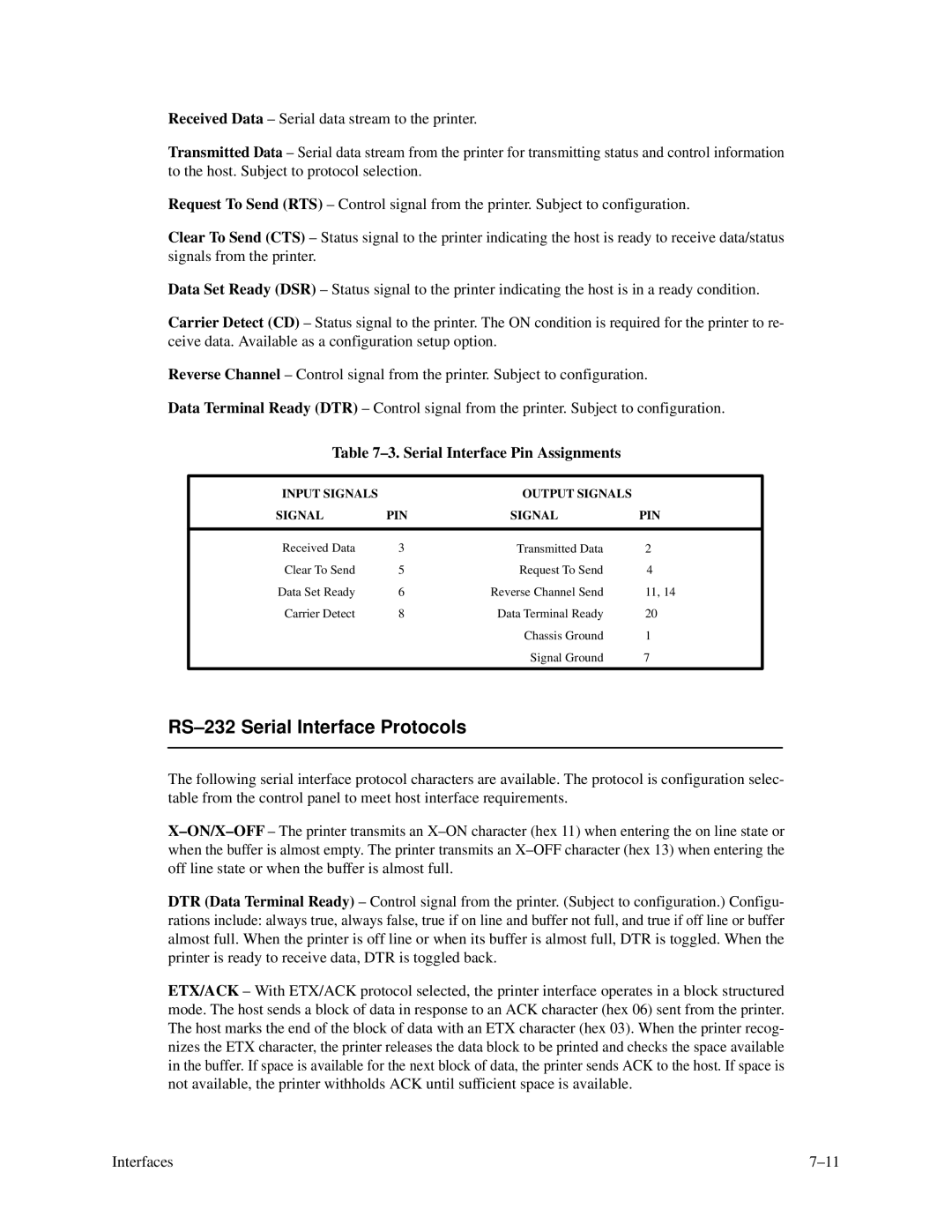 Printronix P3000 Series manual RS-232 Serial Interface Protocols, Serial Interface Pin Assignments 