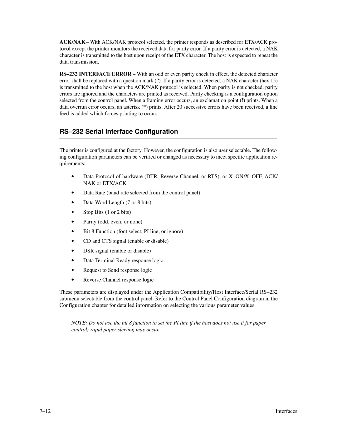 Printronix P3000 Series manual RS-232 Serial Interface Configuration 