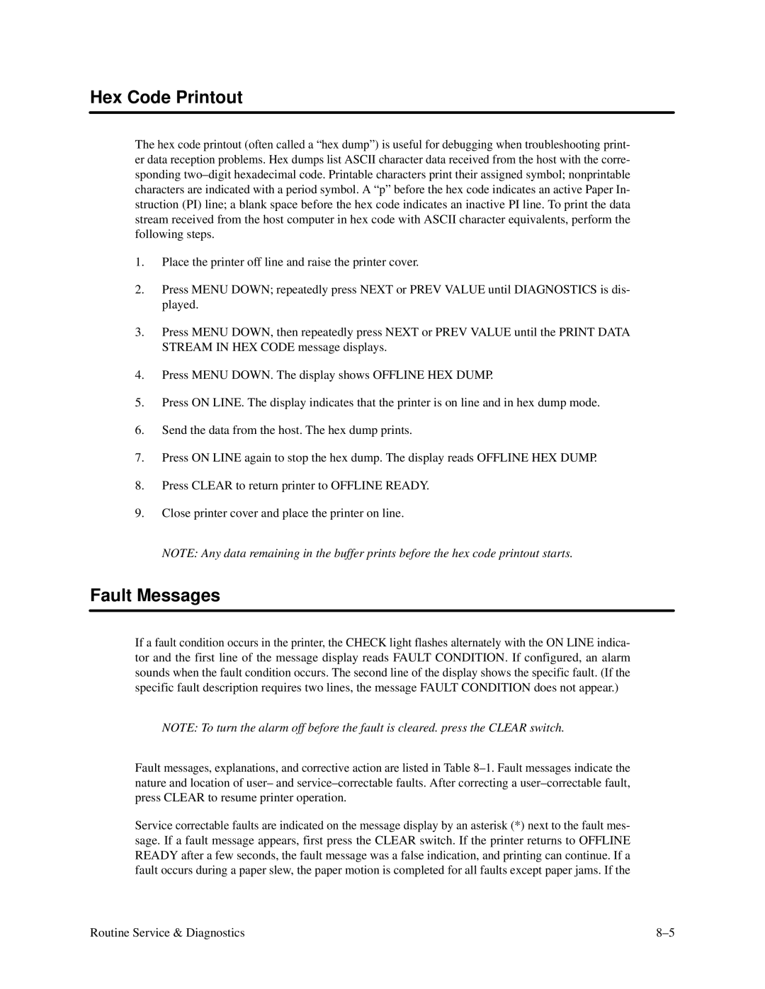 Printronix P3000 Series manual Hex Code Printout, Fault Messages 