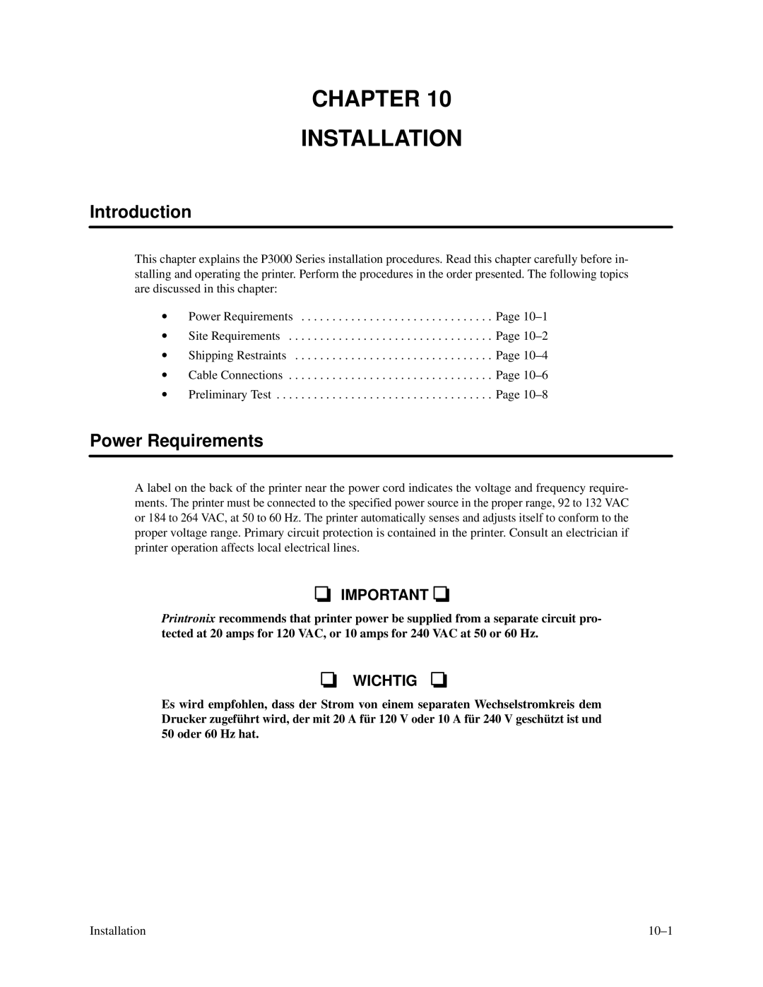 Printronix P3000 Series manual Chapter Installation, Power Requirements 