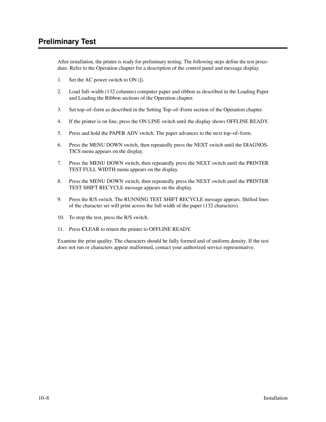 Printronix P3000 Series manual Preliminary Test 