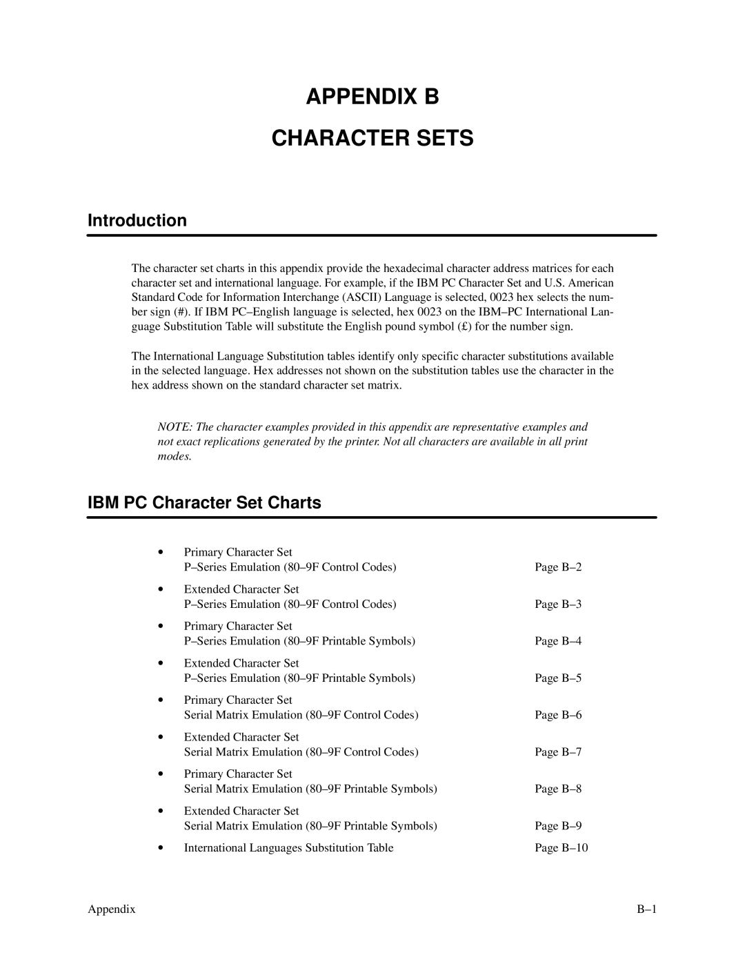 Printronix P3000 Series manual Appendix B Character Sets, IBM PC Character Set Charts 