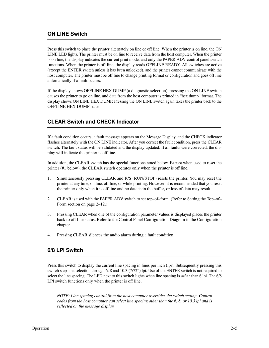 Printronix P3000 Series manual On Line Switch, Clear Switch and Check Indicator, LPI Switch 