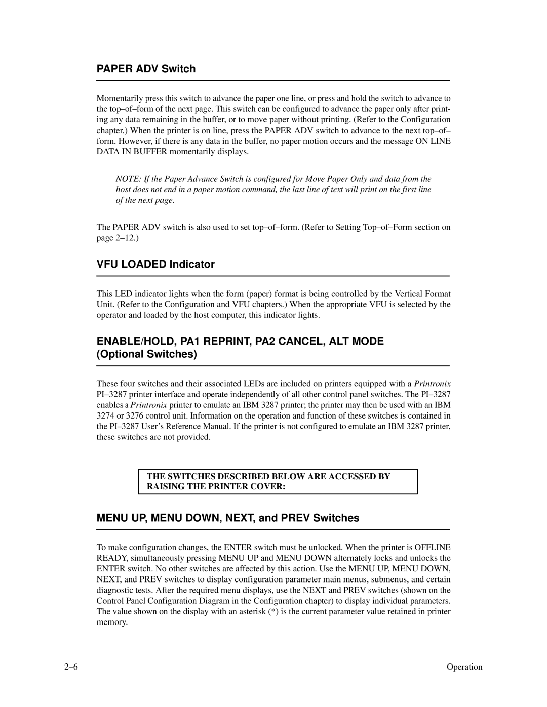 Printronix P3000 Series manual Paper ADV Switch, VFU Loaded Indicator, Menu UP, Menu DOWN, NEXT, and Prev Switches 