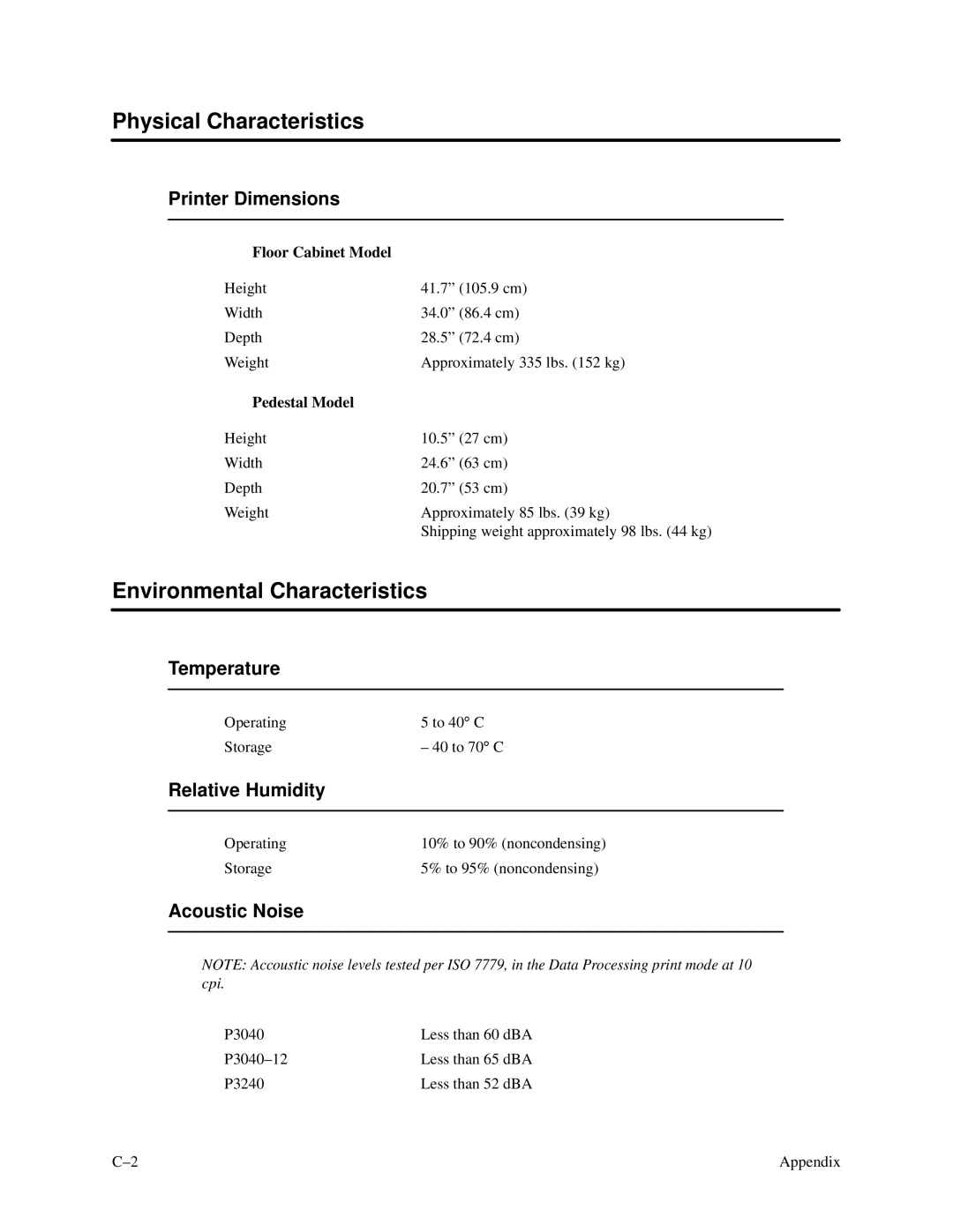 Printronix P3000 Series manual Physical Characteristics, Environmental Characteristics 