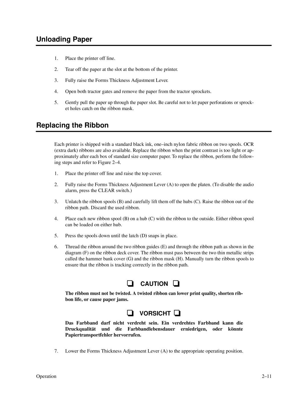 Printronix P3000 Series manual Unloading Paper, Replacing the Ribbon 