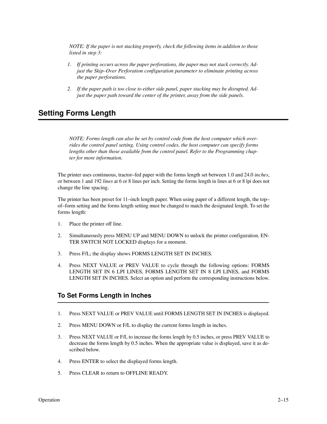 Printronix P3000 Series manual Setting Forms Length, To Set Forms Length in Inches 