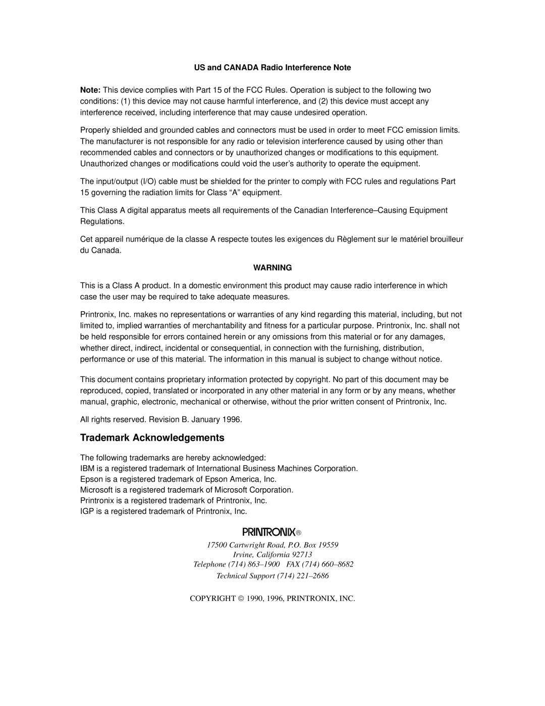 Printronix P3000 Series manual Trademark Acknowledgements 