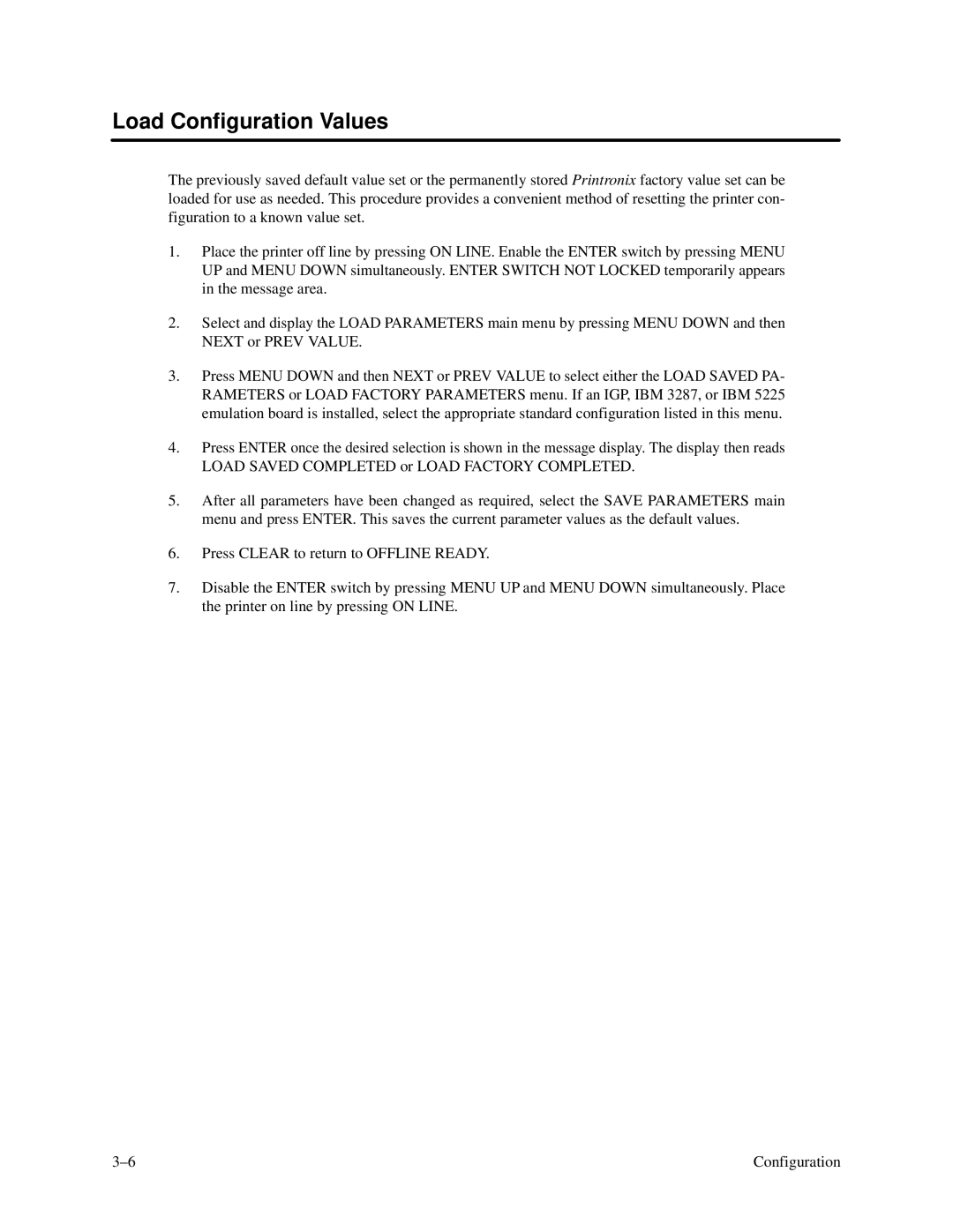 Printronix P3000 Series manual Load Configuration Values 