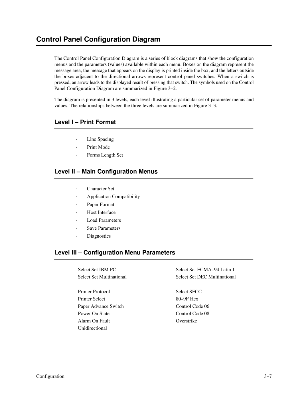 Printronix P3000 Series manual Control Panel Configuration Diagram, Level I Print Format, Level II Main Configuration Menus 