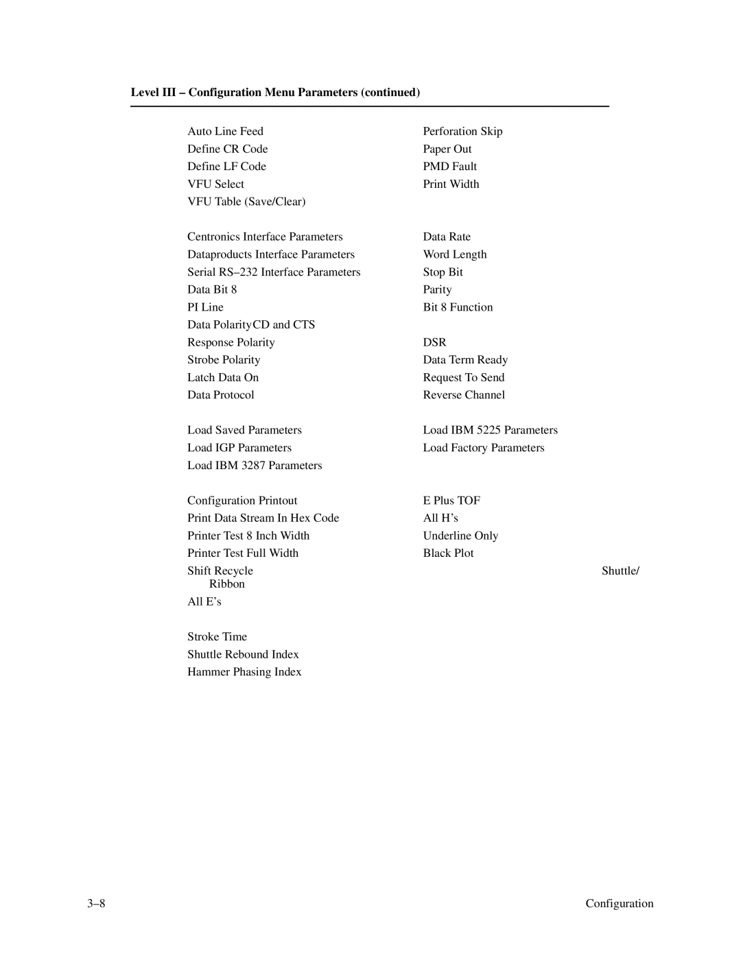 Printronix P3000 Series manual Level III Configuration Menu Parameters, Dsr 