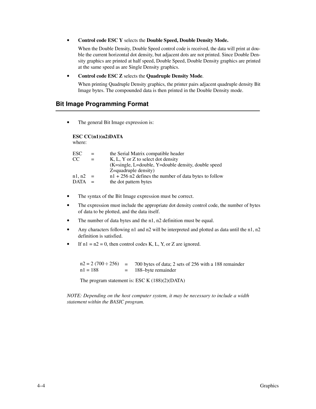 Printronix P3000 Series manual Bit Image Programming Format, Control code ESC Z selects the Quadruple Density Mode 