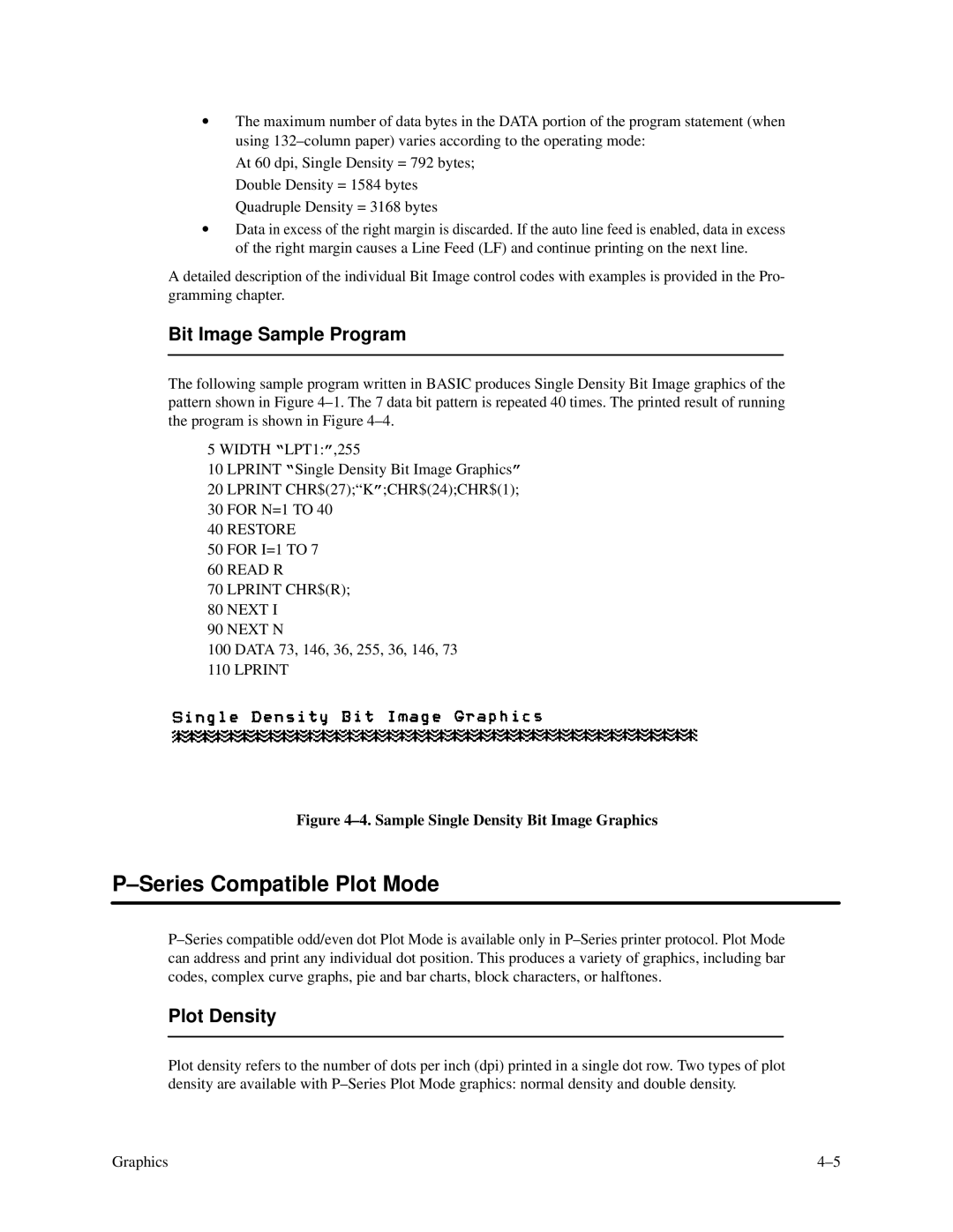 Printronix P3000 Series manual Series Compatible Plot Mode, Bit Image Sample Program, Plot Density 