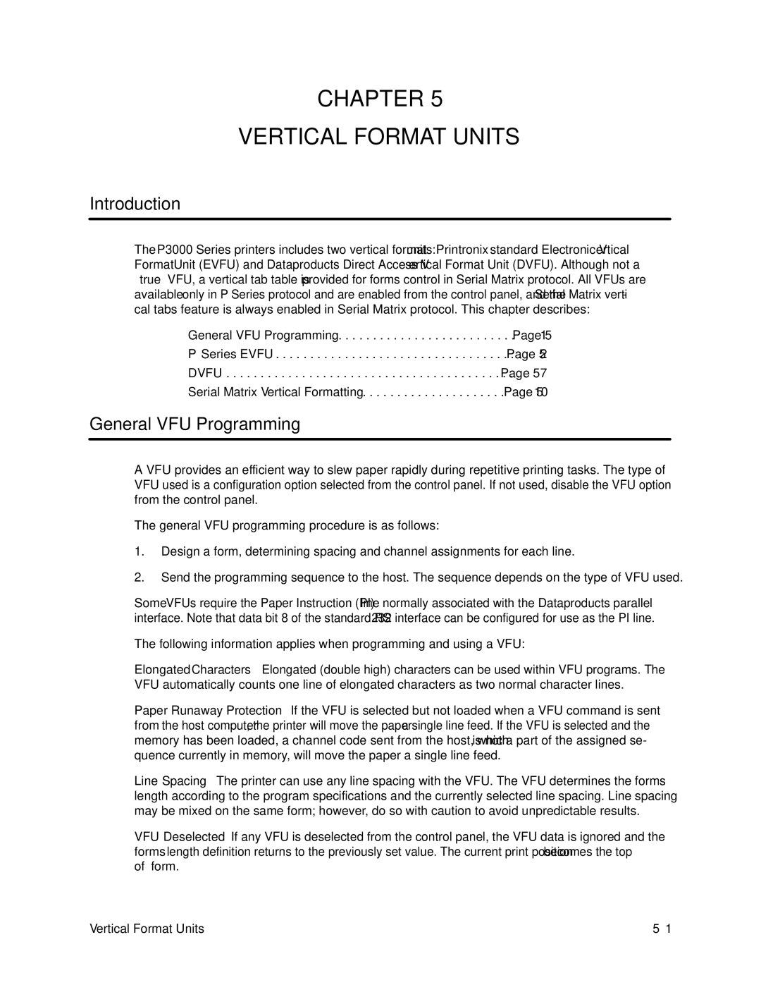 Printronix P3000 Series manual Chapter Vertical Format Units, General VFU Programming 