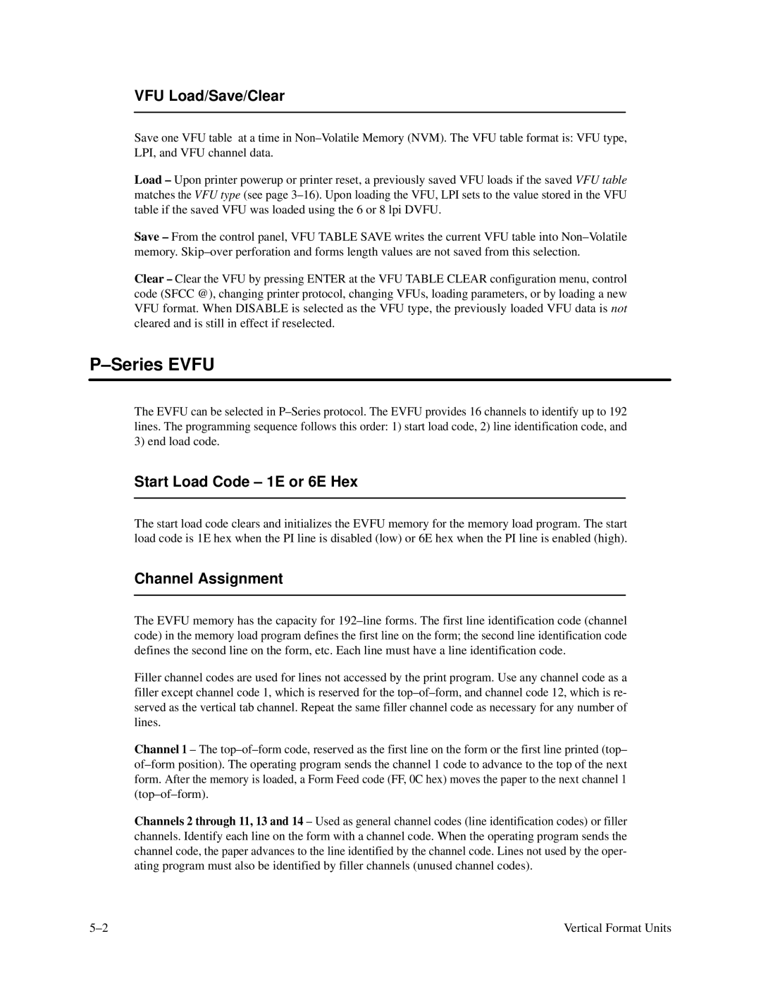 Printronix P3000 Series manual Series Evfu, VFU Load/Save/Clear, Start Load Code 1E or 6E Hex, Channel Assignment 