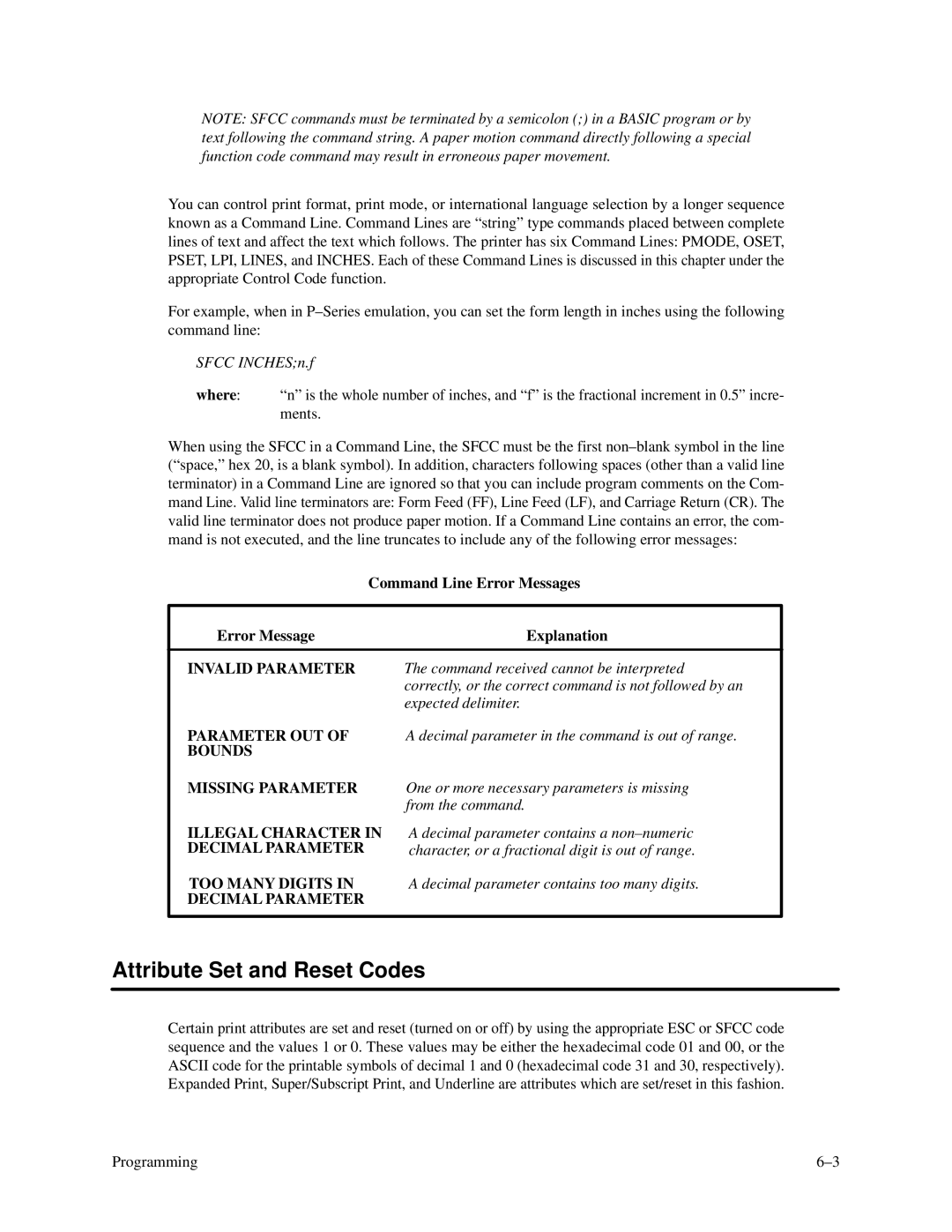 Printronix P3000 Series manual Attribute Set and Reset Codes, Command Line Error Messages, Error Message Explanation 