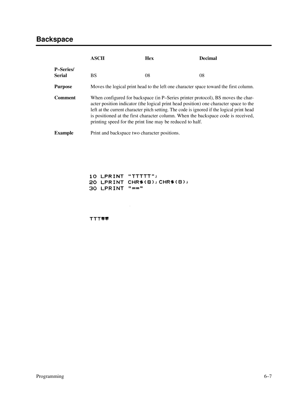 Printronix P3000 Series manual Backspace, Hex Decimal Series Serial Purpose, Example 