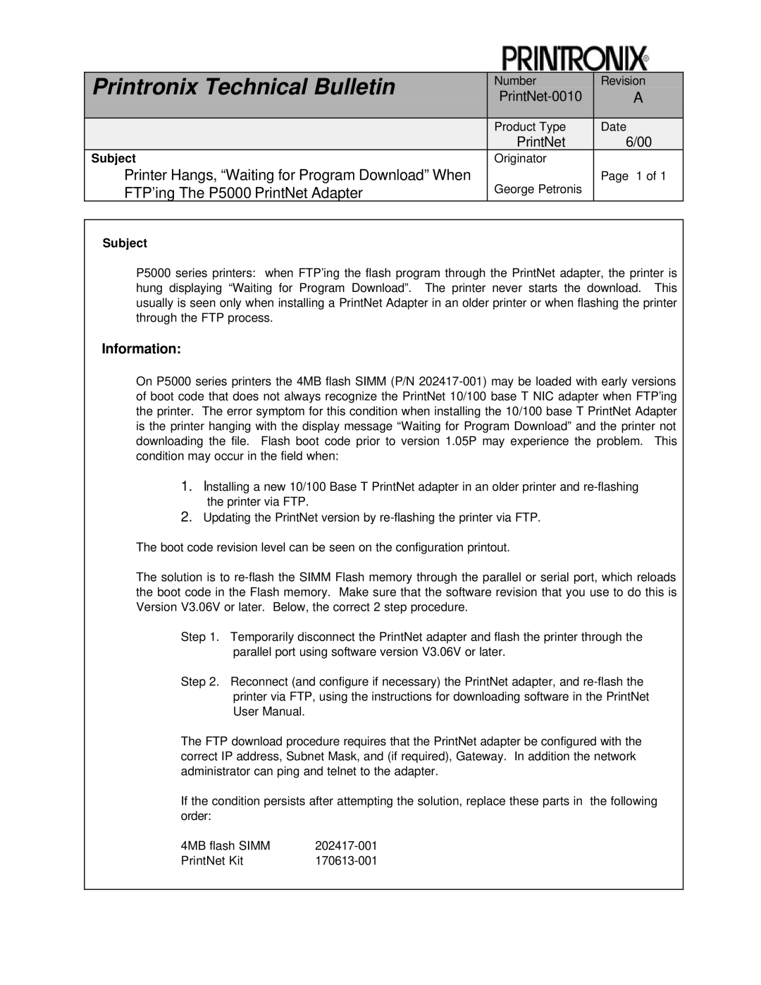 Printronix P5000 user manual Printronix Technical Bulletin, Printer Hangs, Waiting for Program Download When, Information 