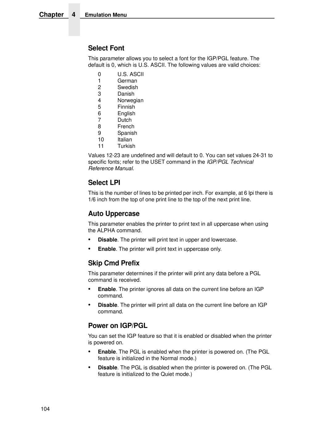 Printronix P5000LJ user manual Select Font, Select LPI, Auto Uppercase, Skip Cmd Prefix, Power on IGP/PGL 