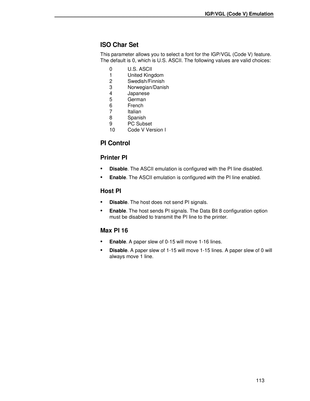 Printronix P5000LJ user manual ISO Char Set, PI Control 