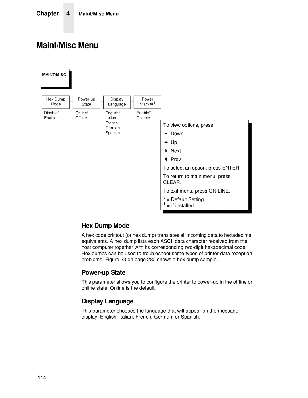 Printronix P5000LJ user manual Maint/Misc Menu, Hex Dump Mode, Power-up State, Display Language 