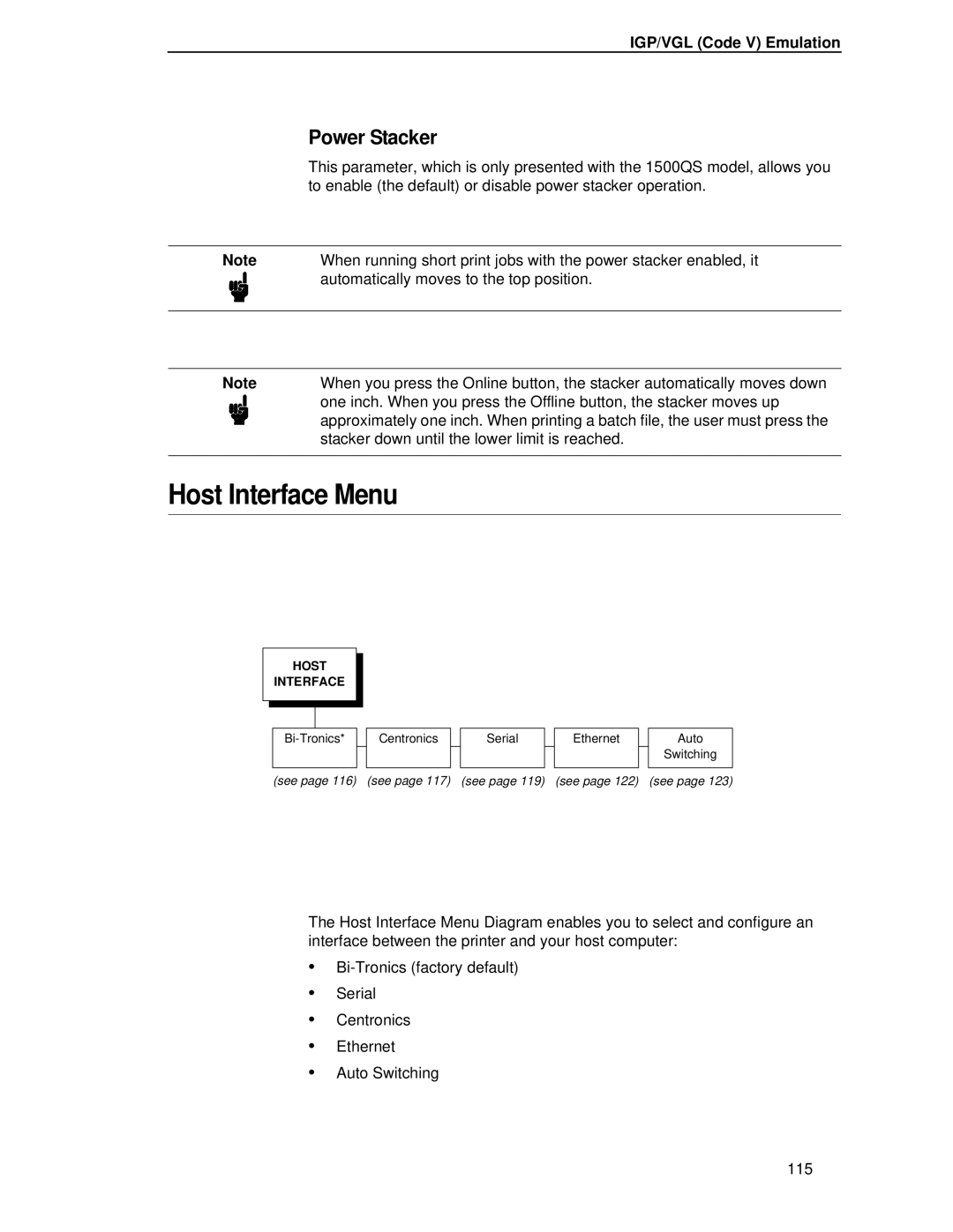 Printronix P5000LJ user manual Host Interface Menu, Power Stacker 