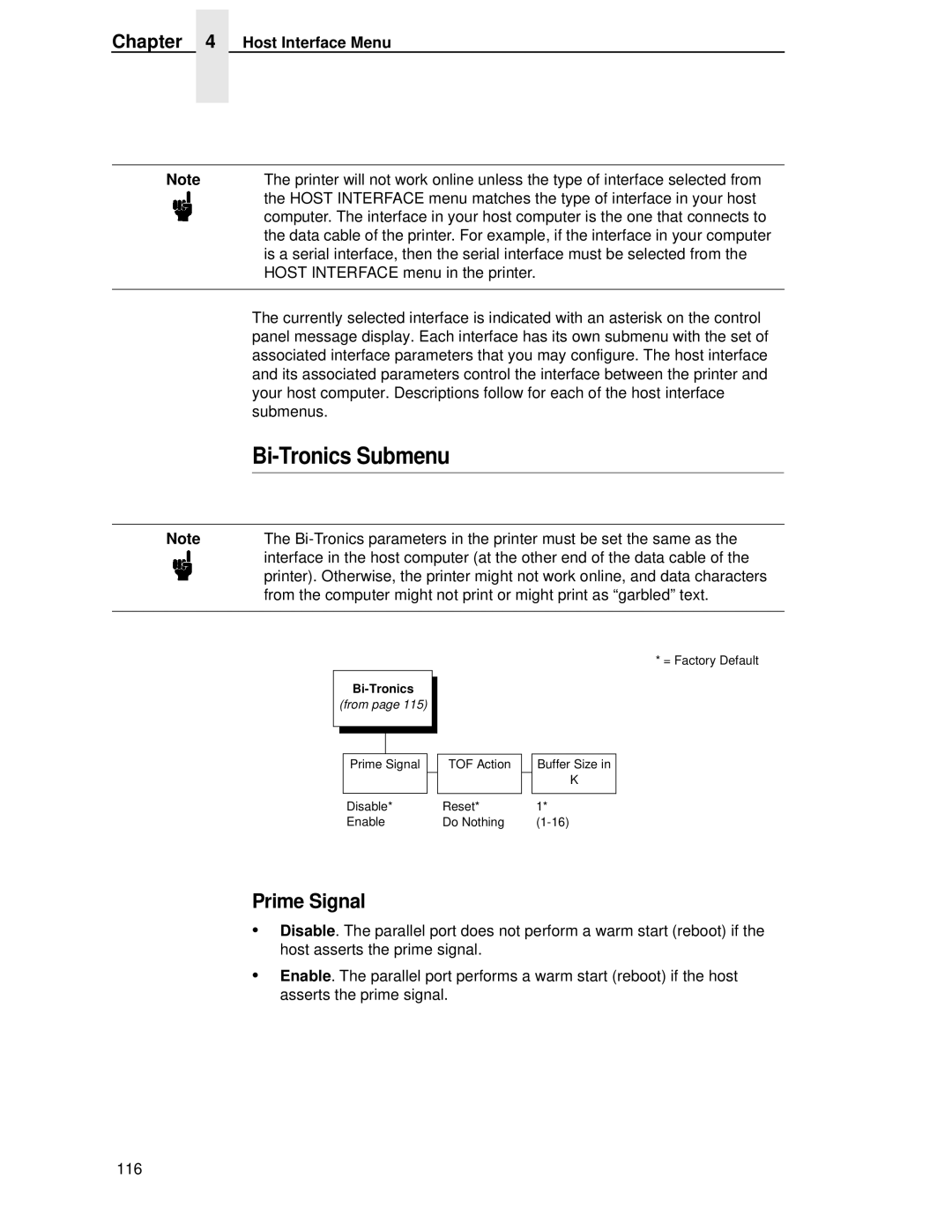 Printronix P5000LJ user manual Bi-Tronics Submenu, Prime Signal, Host Interface Menu 