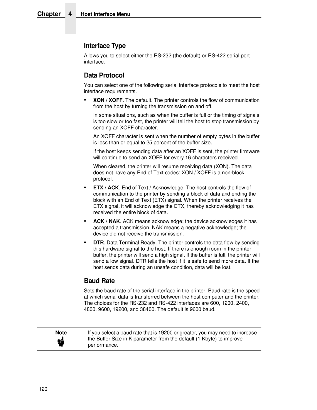 Printronix P5000LJ user manual Interface Type, Data Protocol, Baud Rate 