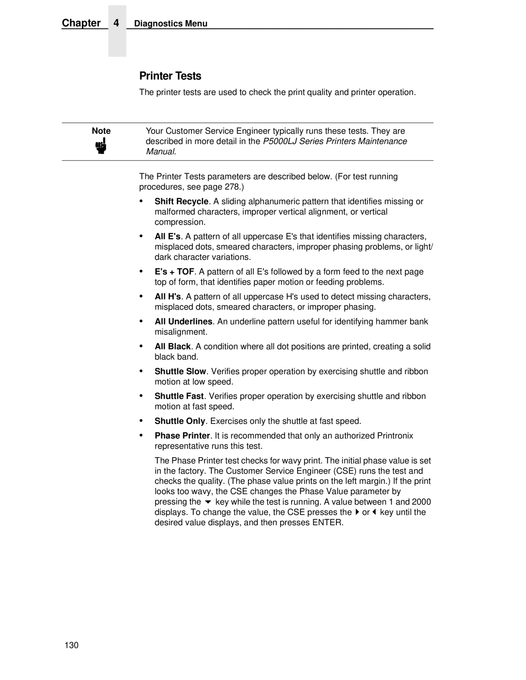 Printronix P5000LJ user manual Printer Tests, Diagnostics Menu 