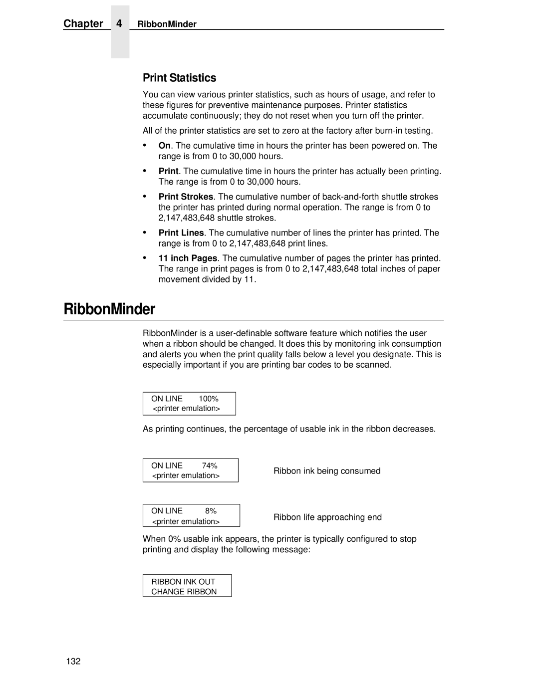 Printronix P5000LJ user manual RibbonMinder, Print Statistics 