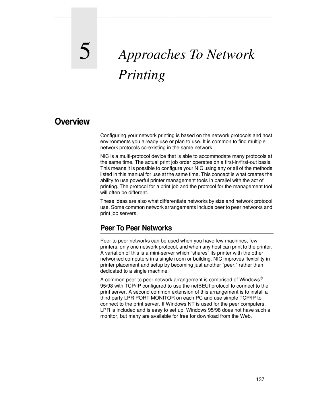 Printronix P5000LJ user manual Approaches To Network Printing, Peer To Peer Networks 