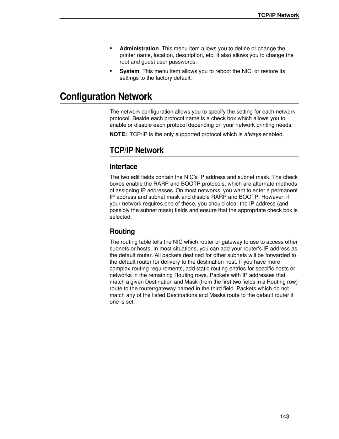 Printronix P5000LJ user manual Configuration Network, TCP/IP Network, Interface, Routing 