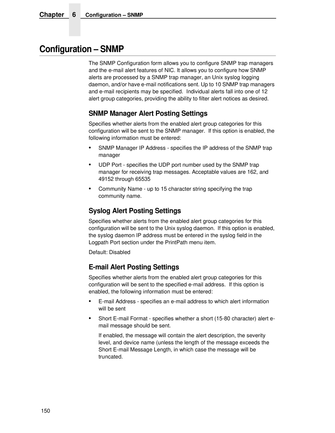 Printronix P5000LJ Snmp Manager Alert Posting Settings, Syslog Alert Posting Settings, Mail Alert Posting Settings 