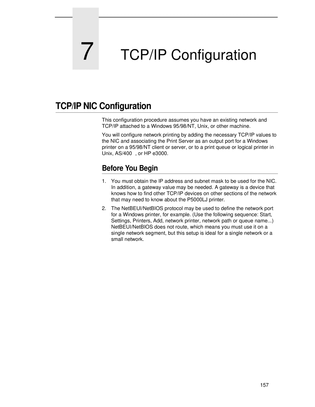 Printronix P5000LJ user manual TCP/IP Configuration, TCP/IP NIC Configuration, Before You Begin 