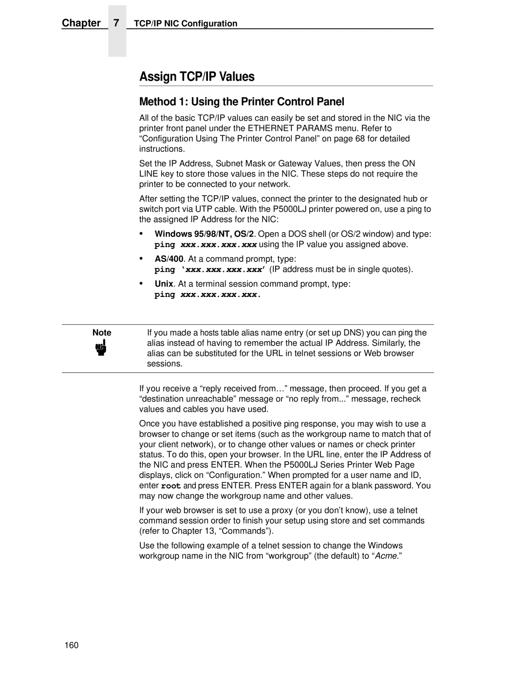 Printronix P5000LJ user manual Assign TCP/IP Values, Method 1 Using the Printer Control Panel 