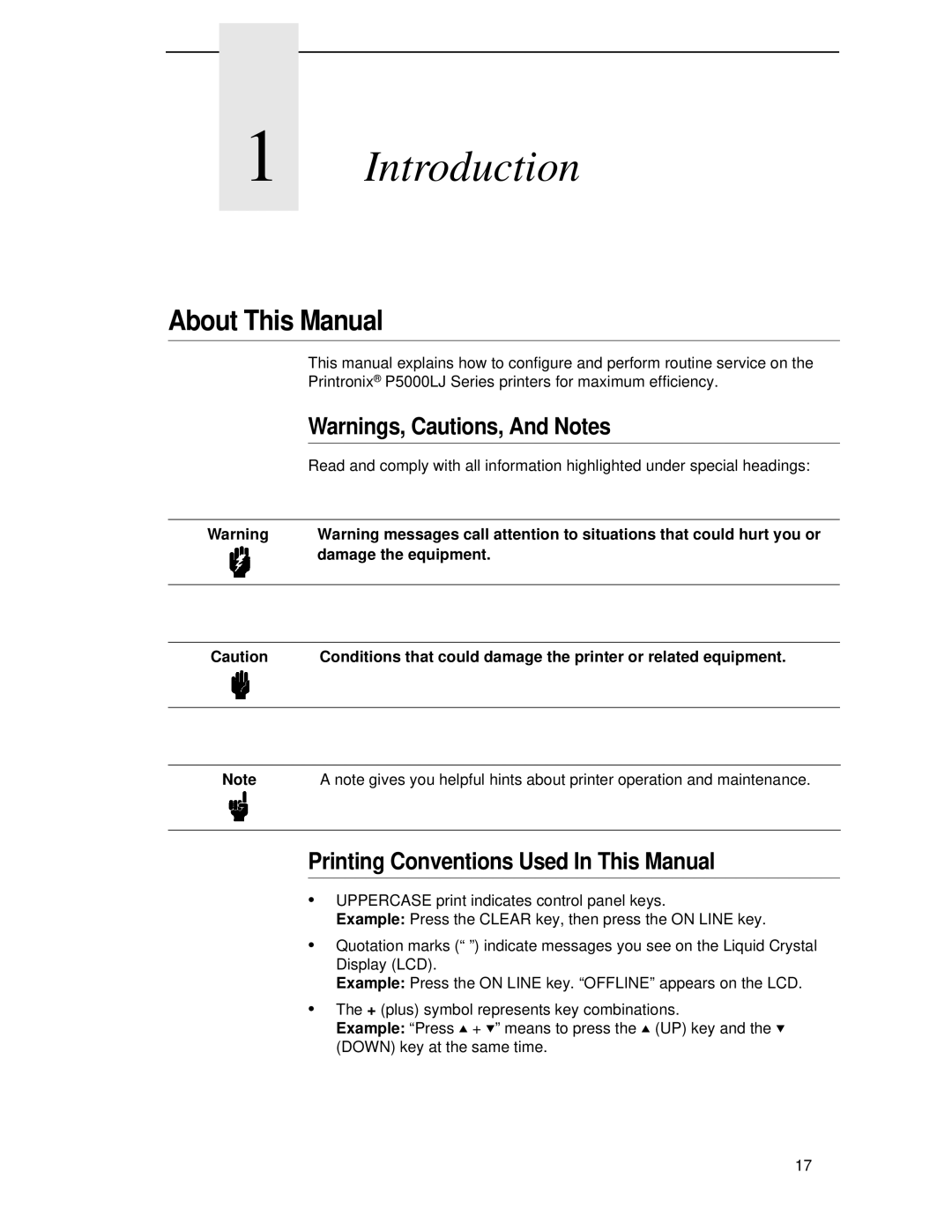 Printronix P5000LJ Introduction, About This Manual, Printing Conventions Used In This Manual, Damage the equipment 