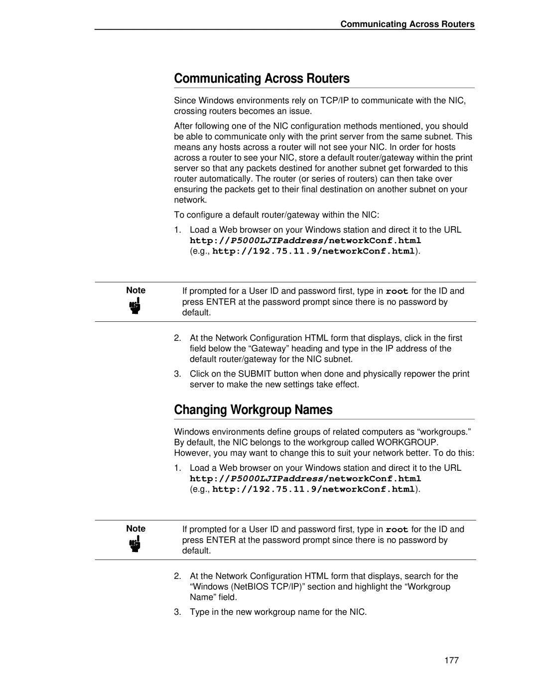 Printronix P5000LJ user manual Communicating Across Routers, Changing Workgroup Names, Http//192.75.11.9/networkConf.html 