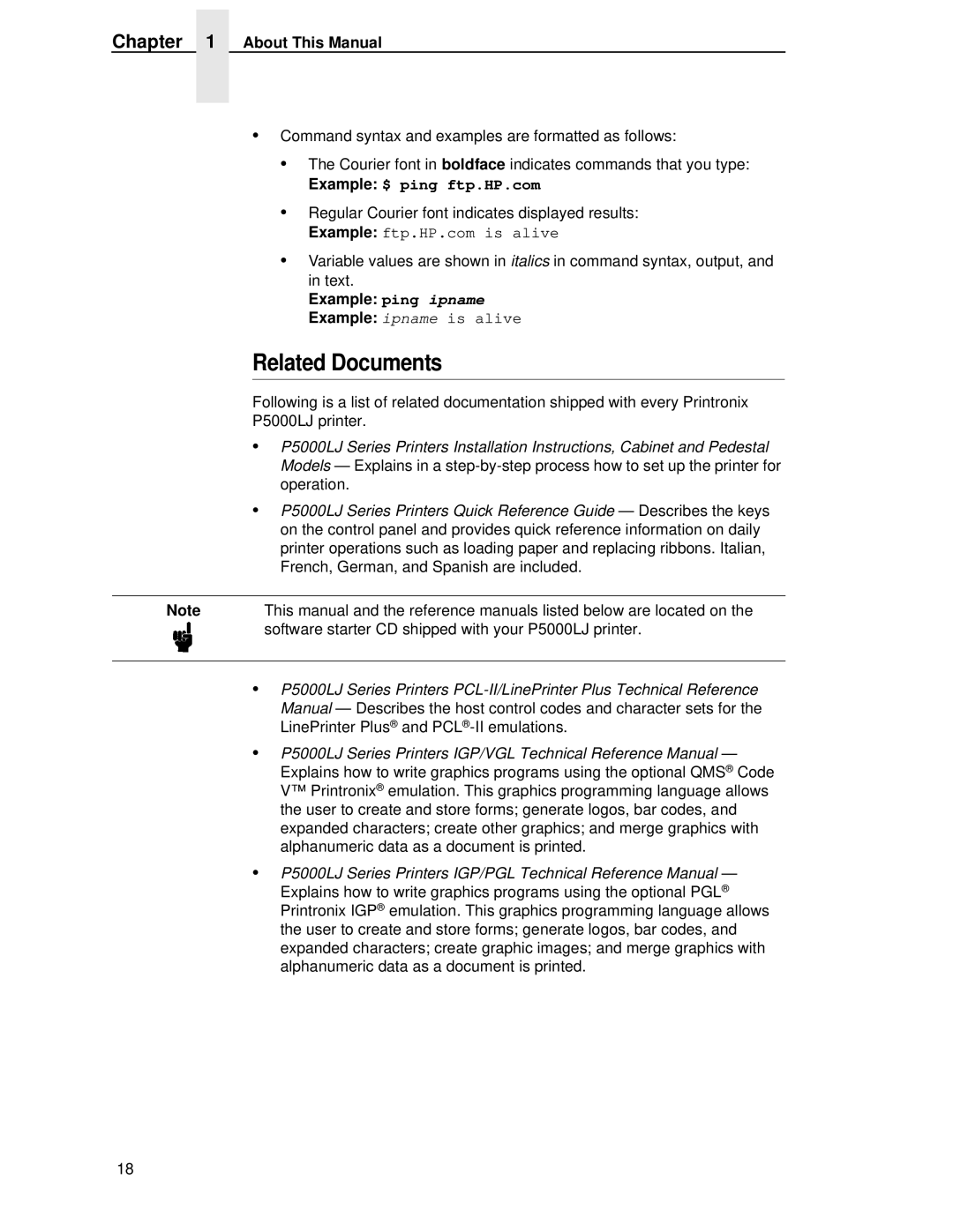 Printronix P5000LJ user manual Related Documents, About This Manual, Example ping ipname Example ipname is alive 