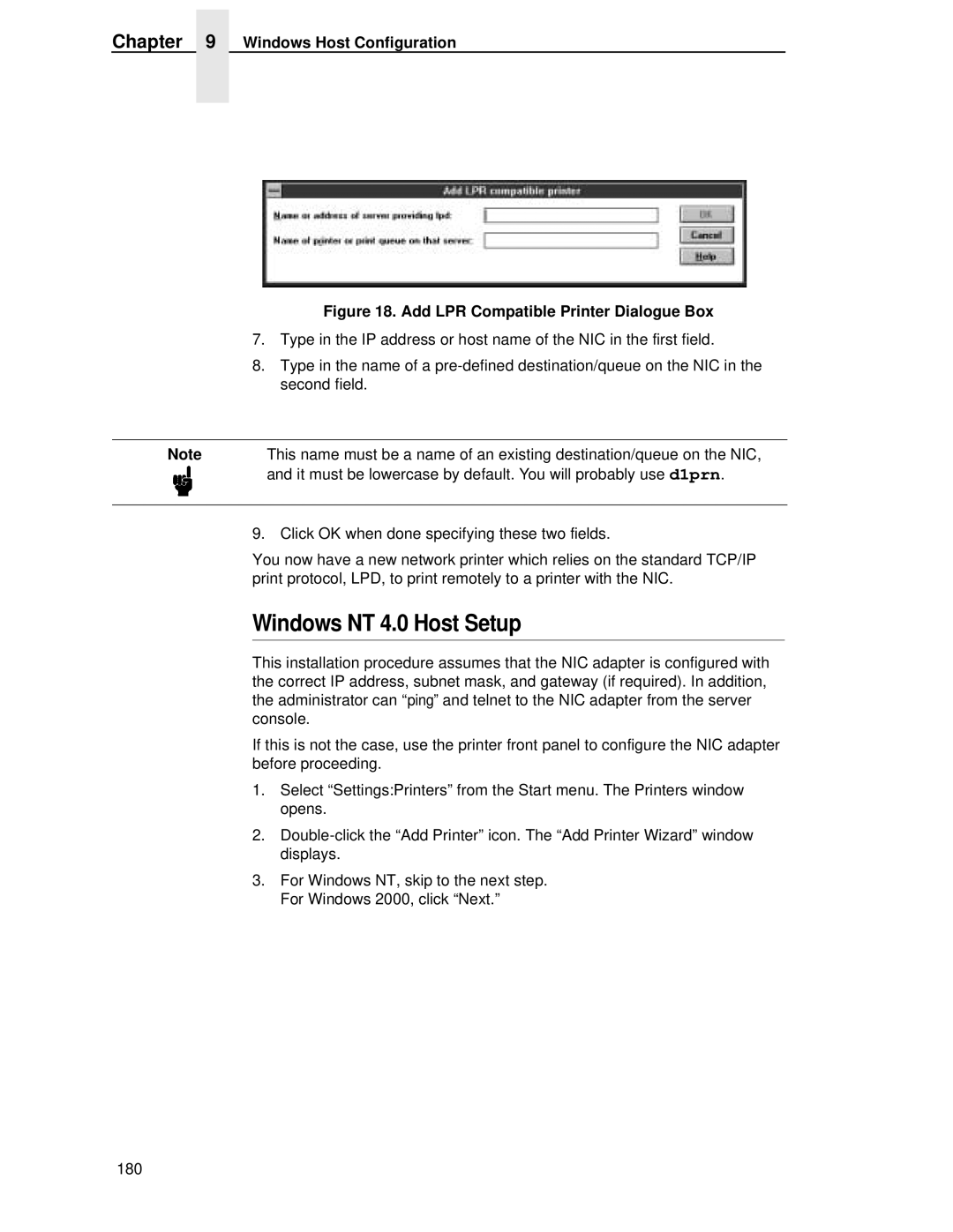 Printronix P5000LJ user manual Windows NT 4.0 Host Setup, Windows Host Configuration 