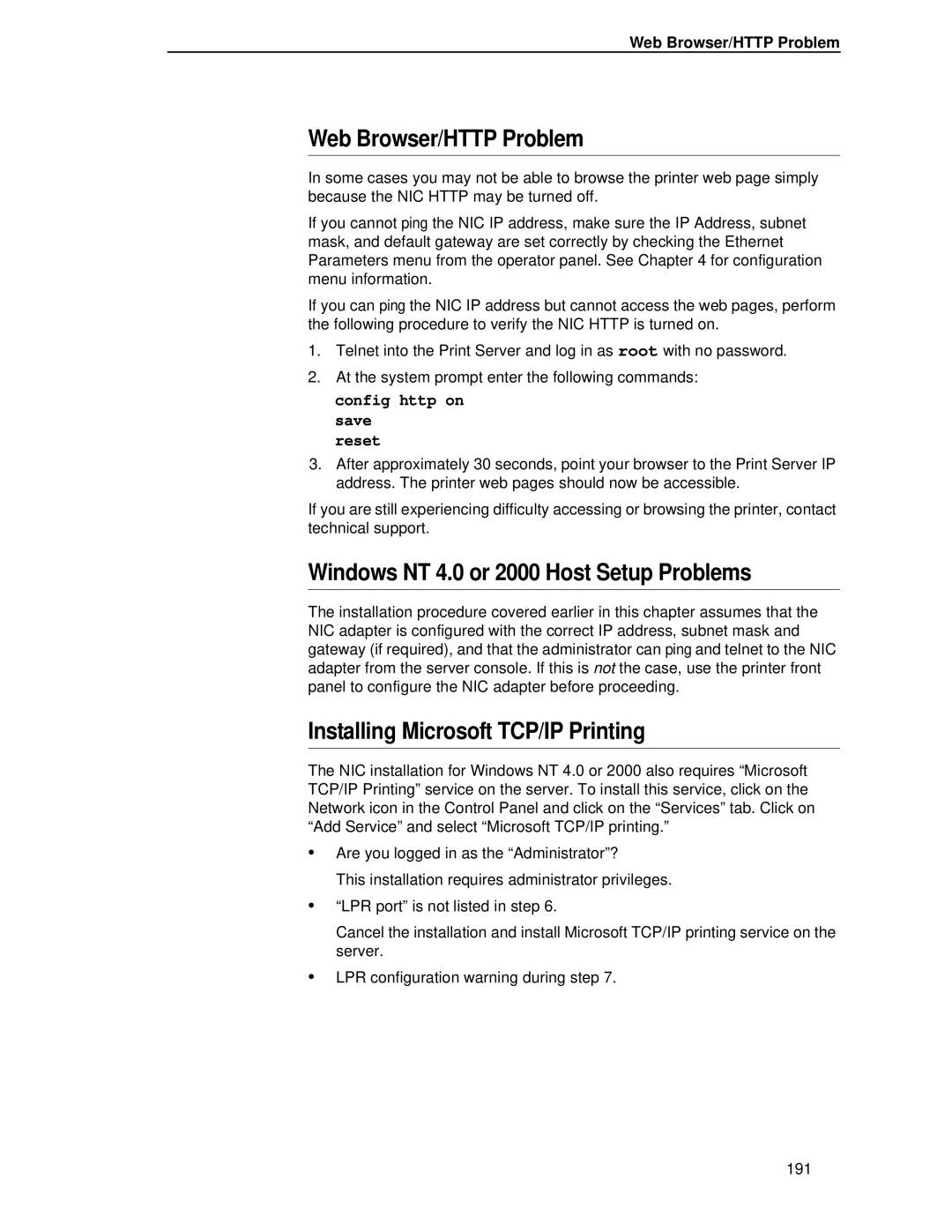 Printronix P5000LJ user manual Web Browser/HTTP Problem, Windows NT 4.0 or 2000 Host Setup Problems 