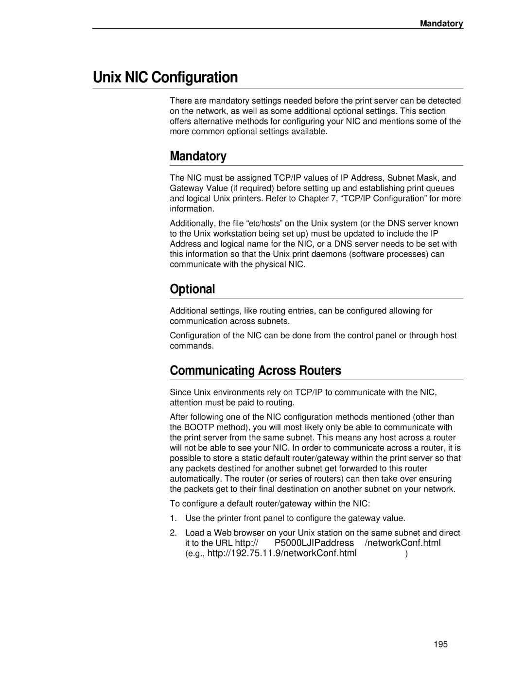 Printronix P5000LJ user manual Unix NIC Configuration, Mandatory 