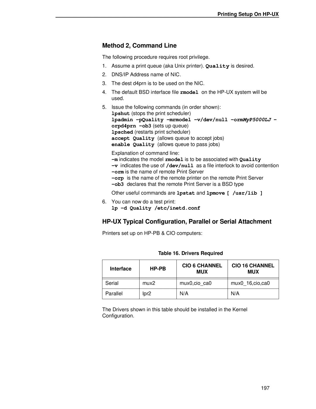 Printronix P5000LJ user manual Lp -d Quality /etc/inetd.conf, Printing Setup On HP-UX, Drivers Required Interface 