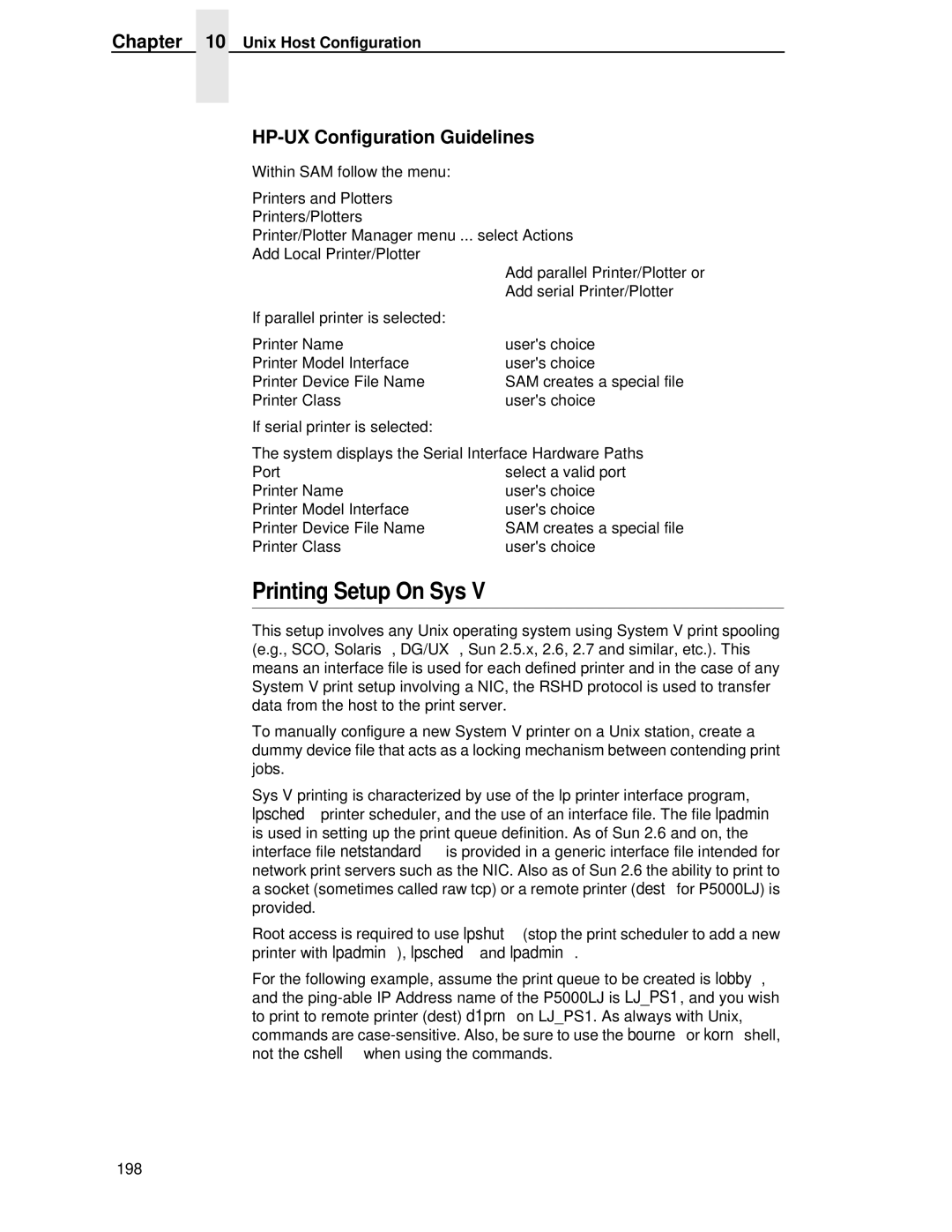 Printronix P5000LJ user manual Printing Setup On Sys, HP-UX Configuration Guidelines 