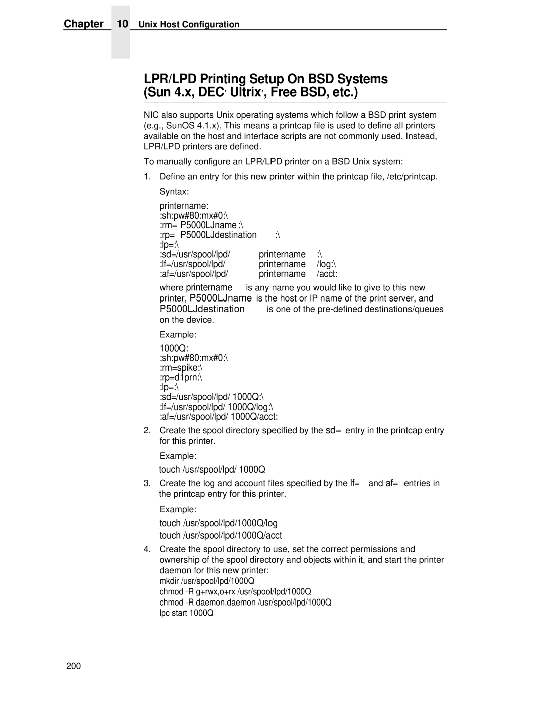 Printronix P5000LJ user manual 1000Q Shpw#80mx#0\ Rm=spike\ Rp=d1prn\ Lp=, Touch /usr/spool/lpd/ 1000Q 