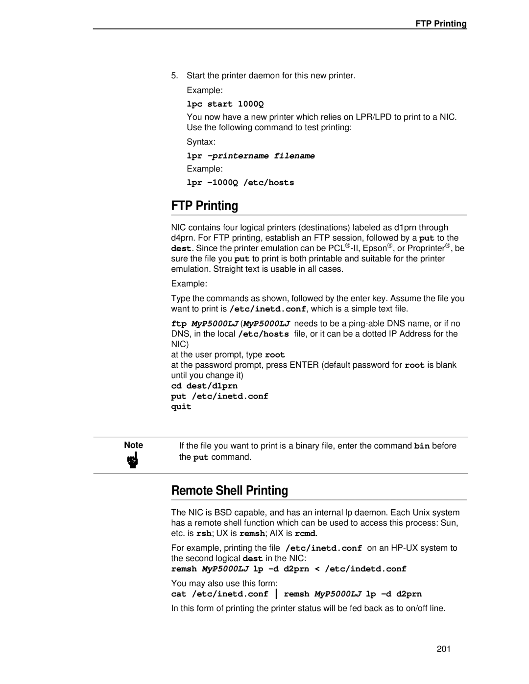 Printronix P5000LJ user manual FTP Printing, Remote Shell Printing 