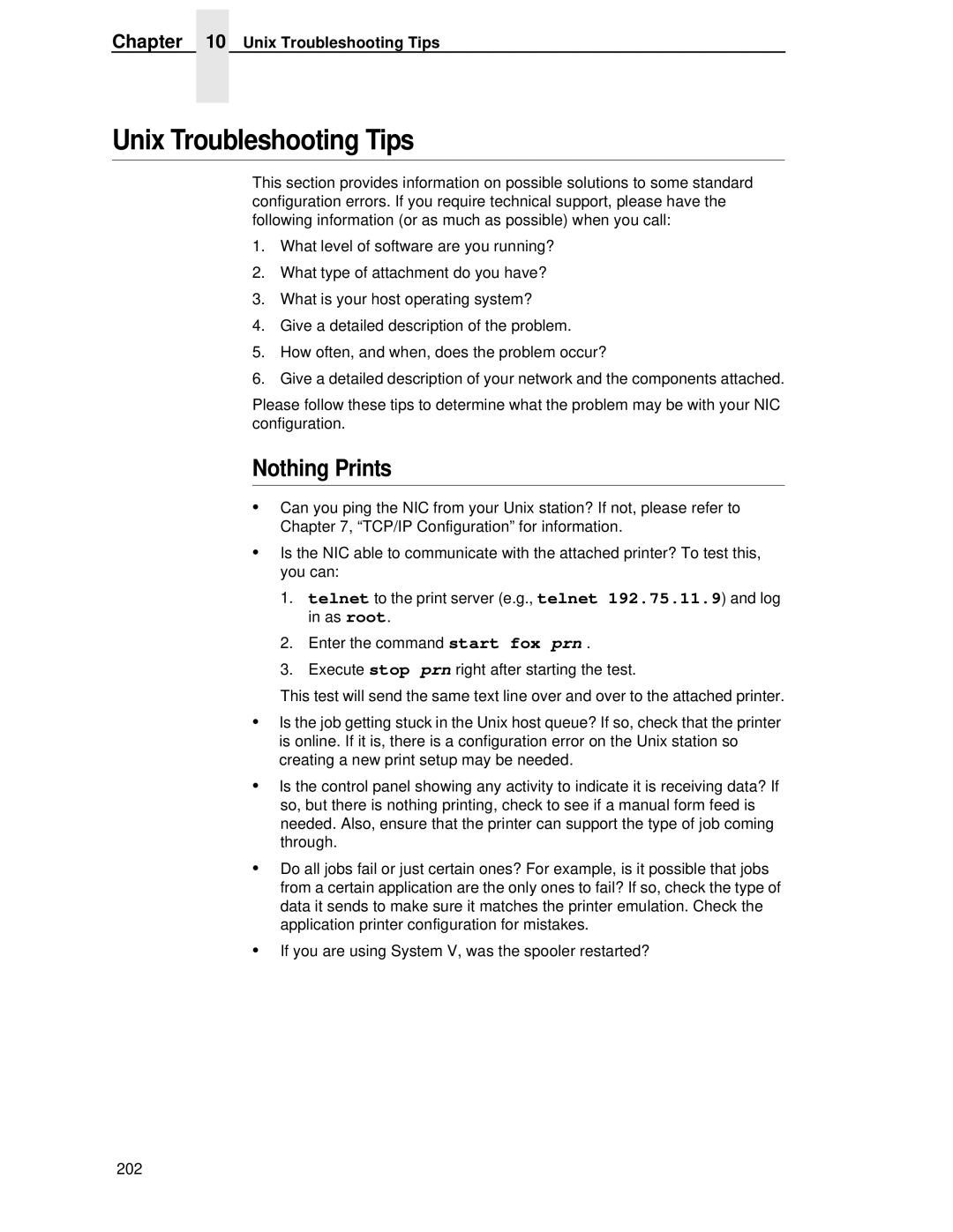 Printronix P5000LJ user manual Unix Troubleshooting Tips, Nothing Prints 