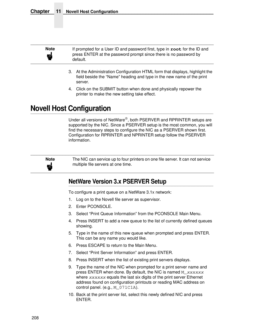 Printronix P5000LJ user manual Novell Host Configuration, NetWare Version 3.x Pserver Setup 